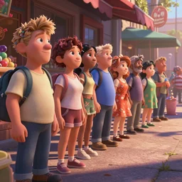 queue line at mlzolei for sweets, pixar style by tristan eaton stanley artgerm and tom bagshaw, high detail