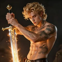 a beautiful young tatooed man with blond curly hairs, fantasy looking, athletic, fit, armed with a blazing sword