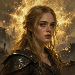 Elle Fanning in the painted world of Dark Souls, head and shoulders masterpiece, apocalypse, golden hour, cosmic horror, artstation, in the style of Sarah Shaw, extremely detailed