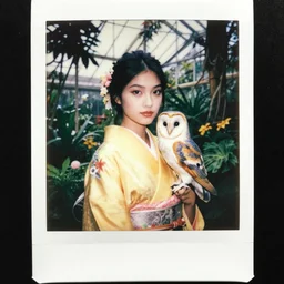head to shoulder portrait Polaroid film photograph of an elegant top model wearing a yellow kimono with a very detailed barn owl on her shoulder!!! in a tropical greenhouse. looking at the camera!!. super resolution. Polaroid 600 film. art by Alessio albi and  john william waterhouse and John Singer Sargent and jules lefebres and gustave klimt