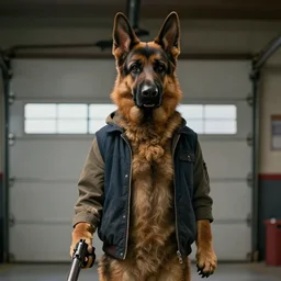 film still of furry anthro anthropomorphic german shepard head animal person fursona wearing clothes standing holding a gun in a garage in an action movie 2020, 4k