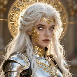 ana de armas beautiful and victorian and holy and divine and elite young medieval female white armor knight portrait +shiny eyes+front face with long flowing hair, white hair, ultradetail face, gold filigree, art and illustration by tian zi and craig mullins and WLOP and alphonse mucha, fantasy, sci-fi, intricate complexity, human structure, human anatomy, fantasy character concept, watermark, blurry, hyperrealism 8k, warm golden backlit