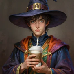 an anthropomorphic beautiful young male scientist portrait holding coffee wearing colourful robe, big eye, wizard hat, fine art, award winning, intricate, elegant, sharp focus, octane render, hyperrealistic, wizard hat cinematic lighting, highly detailed, digital painting, 8 k concept art, art by jamie hewlett and z. w. gu, masterpiece, trending on artstation, 8 k