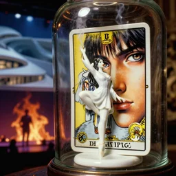 cinestill 5 0 d, 8 k ; esoteric ultra realistic major arcana in kagemusha ( 1 9 9 0 ) film still flaming stage dj scene in frontiers in commercial porcelain photo fashion film still june seinen manga extreme closeup portrait edition, hyperrealistic real - life smoldering tarot card porcelain occult figurine in victorian glass jar, pointe pose, eye contact, tilt shift wide shot zaha hadid background