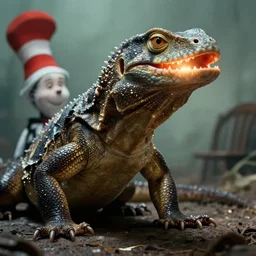 a big lizard with the glowing mouth, film still from the movie directed by denis villeneuve and david cronenberg with art direction by h. r. giger and dr. seuss