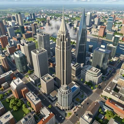 canary wharf, screenshot from simcity pc game, isometric view, ue 4, raytracing, volumetric fog resolution, ambient occlusion, anisotropy, shadow resolution, texture quality high, chromatic abberation, 8 k