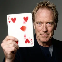 photo of a patrick stewart holding up the card 6 of hearts