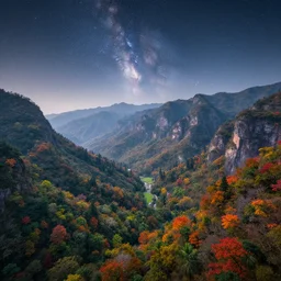 a photorealistic portrait, stunningly beautiful colorful fantasy landscape, professionally retouched, soft lighting, hyper realistic, mountains, trees, beautifully detailed starry sky, wide angle, sharp focus, 8 k high definition, 6 4 megapixels, insanely detailed, stunningly beautiful