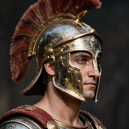 close - up portrait athenian warrior with helmet and armor, art by vivian maier