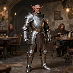 full body painting of an kobold paladin, alone in a tavern, wearing full metal plate mail, d & d, by peter mohrbacher, by michael cheval, by boris vallejo, highly detailed, 8 k