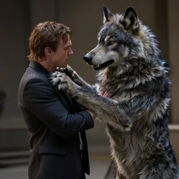 patrick bateman Beating a anthropomorphic wolf cosplay , cinematic shot