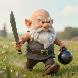 bald gnome with big white beard holding a dagger and bomb running through a field looking angry.