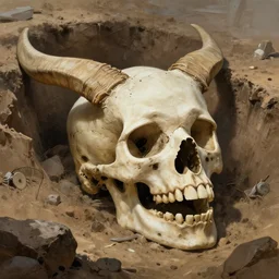 a giant skull being unearthed in an excavation site, digital painting, mixed media, trending on artstation and deviantart, epic composition, magnum opus, highly detailed, 8 k