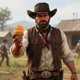 film still of the main character brawny burly surly cowboy standing holding a cupcake with orange frosting in the outdoor scene in an action movie posing for the camera 2 0 2 0, 4 k wild west red dead redemption 2 game screenshot