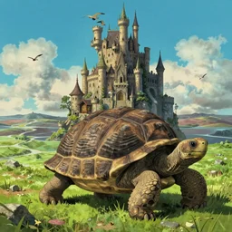 giant tortoise walking with a large fantasy castle rising growing from the top of it, distant shot birds eye view, fantasy, hyper detailed, 4 k, howls moving castle, mortal engines,