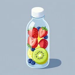 ( ( dither ) ), editorial illustration strawberries blueberries sliced kiwi sliced lemon inside a clear drinking bottle, ( ( isometric ) ), modern art deco, ( ( mads berg ) ), karolis strautniekas, stippled light, fog, fine texture, dynamic composition, matte print, ( ( unreal engine ) )