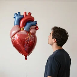 a man stands looking at a anatomical heart shaped balloon with a noose hanging from it