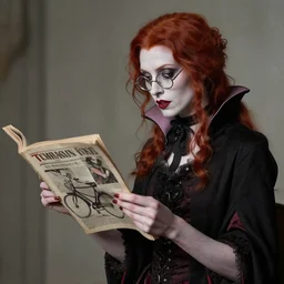 A late 18th century vampire woman , skinny, pale skin, with red hair and glasses reading a magazine about bicycles.