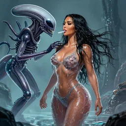 cinematic full - body - shot still of kim kardashian being syphon fed by an xenomorph in a transparent alien liquid, wet flowing hair, gooey skin, illustration, unreal engine 5, 8 k, made by h. r. giger.
