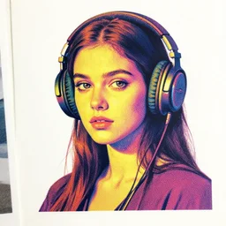 portrait of a young woman wearing headphones, colorful, octane render, vray, detailed, halftoned, editorial illustration, matte print, grainy light, ( ( dither ) ), risograph, high contrast, screen print