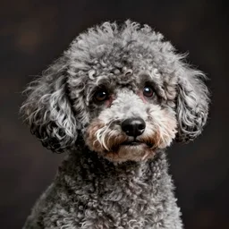 evil frail old gray hairless toy poodle with thin grey fluff on face