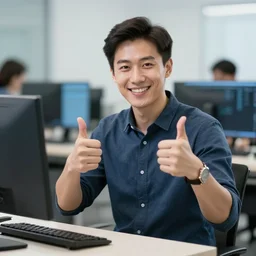 a photo of a sys admin smiling and doing a double thumb up to the camera in front of burning servers, he's happy despite having servers in flames behind him
