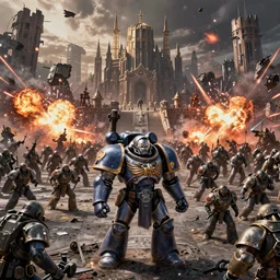 warhammer 40k ultramarine on the battle field, explosions, ruined empire on the background, digital art, illustration, wide angle, fine details, cinematic, highly detailed, octane render, 4k