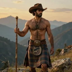 a dramatic epic beautiful ethereal painting of a handsome muscular shirtless hairy desi cowboy in the mountains | he is wearing a plaid kilt and cowboy hat, and holding a walking staff | background is mountains! | dramatic lighting, golden hour, homoerotic, realistic, art nouveau | by mark maggiori | trending on artstation