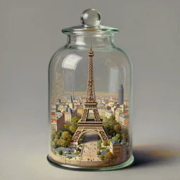 a still life painting of a large bell jar covering a tiny model of a city resembling paris. intricate, elegant, highly detailed, digital painting, artstation, concept art, smooth, sharp focus, colored illustration for tattoo, art by krenz cushart and artem demura and alphonse mucha,