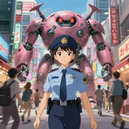 Artwork by James Jean, Phil noto and hiyao Miyazaki ; a young Japanese future samurai police lady named Yoshimi battles an enormous evil natured carnivorous pink robot on the streets of Tokyo; Japanese shops and neon signage; crowds of people running; Art work by hiyao Miyazaki, Phil noto and James Jean