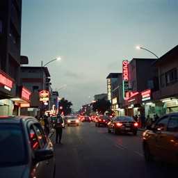 cinestill 8 0 0 t photograph of a neon lit - lagos urban street - in nigeria - with flying vehicles,