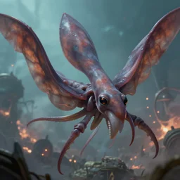 close up cinematic artwork of monster squids flying staring on the battlefield by Greg Rutkowski, 4k, masterpiece
