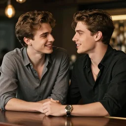 a very handsome young man who is flirting with another handsome young man at a bar