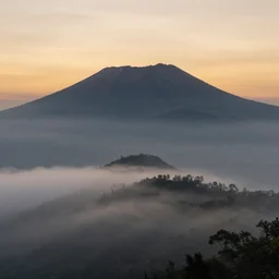 sumeru mountain in indonesia, landscape, aesthetic, [ sunset ], foggy, trending on artstation, realistic, hyper detailed