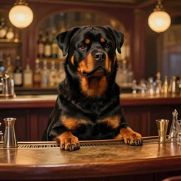 anthropomorphic rottweiler as a bartender in a swanky bar, thomas kinkade