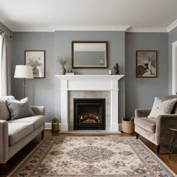 cozy living room, grey walls, white ceiling, fireplace, medallion area rug