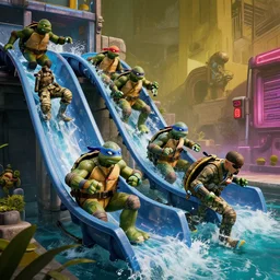 ninja turtles escape and two military ( american uniform ) ran to sound the alarm and all the turtles began to descend the water slides, style cyberpunk 2 0 7 7, 4 k,