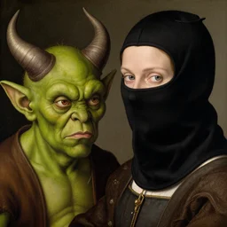 closeup of a woman in a balaclava, next to an annoying green - horned goblin, by jan van eyck,