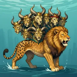 a beast coming out of the sea. it had ten horns and seven heads, with ten crowns on its horns, resembled a leopard, but had feet like those of a bear and a mouth like that of a lion. one of the heads of the beast seemed to have had a fatal wound, but the fatal wound had been healed