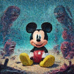 Mickey mouse sitting next to terrifying sea creatures on a creepy beach, digital art, by Taeyoung Choi, super detailed, artstation