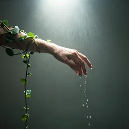 photograph, an arm reaching out from the side wrapped in a vine ,light comes from above turning into water as it touches the arm