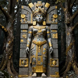 beautiful aztec inca woman colossus full body well proportioned in tunic stands among trees by eddie mendoza hyperrealism expressive eyes cyborgess symmetrical very very detailed giger beksinski grey and gold
