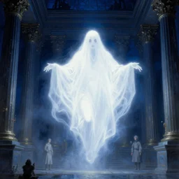 a glowing white ghost close - up flying in massive futuristic fantastical misty classical halls of creation. night time. deep blue tones. renaissance masterpiece. highly detailed sci - fi fantasy painting by norman rockwell, frank frazetta, johfra bosschart, and syd mead. rich colors, high contrast, dark background. artstation