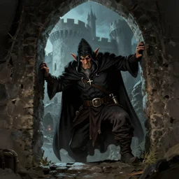 A dwarf rogue sneaking inside of a castle, in the style of Mike Mignola.