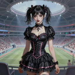 ultra realist soft painting of a single attractive cheerleader tight gothic cloths, curiosities carnival, partial symmetry accurate features, very intricate details, futuristic sport arena, focus, curvy, artstyle Tom Bagshaw, award winning