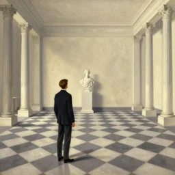 a beautiful illustration of a man standing in front of a large, empty room. the floor is covered in a checkerboard pattern, and the walls are lined with roman columns. the man is looking at a bust of a woman that is sitting on a pedestal in the center of the room. by stanisław szukalski, by thechamba placid