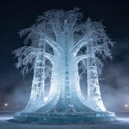 artwork of an ice sculpture of a massive overgrown forest, night, fog, cold ambient light, artwork by gerald brom, beautiful, 4 k, masterpiece,