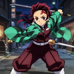 a very detailed key visual of emma watson, demon slayer, ufotable, high quality, artgerm, action, on a street, night, fate stay night, unlimited blade works, greg rutkowski, high resolution, dynamic pose, landscape, medium portrait, samurai outfit, action, hyper realistic, anime, koyoharu gotouge, sakuga