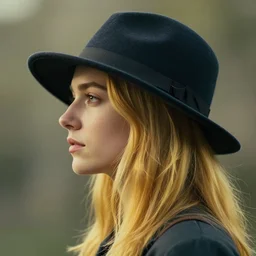 portrait of 2 0 - year - old woman with angle lost profile looking away, cinematic colors, medium yellow blond hair, character with a hat, hair comes out of the hat a little