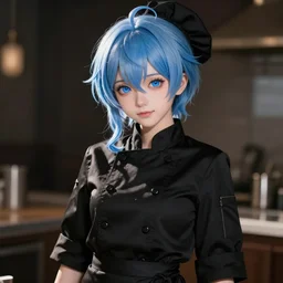 dollfie in black chef uniform, blue hair, blue eyes,